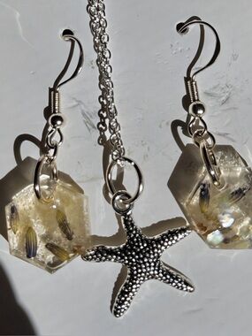 Handmade Yellow Resin Hexagon Earrings with wildflowers! Very colorful on Silver